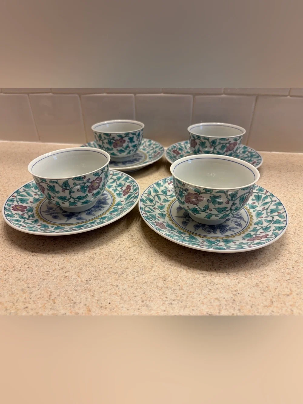 Vintage Arita Floral Porcelain Tea Cup and Saucer Set - Green and Pink